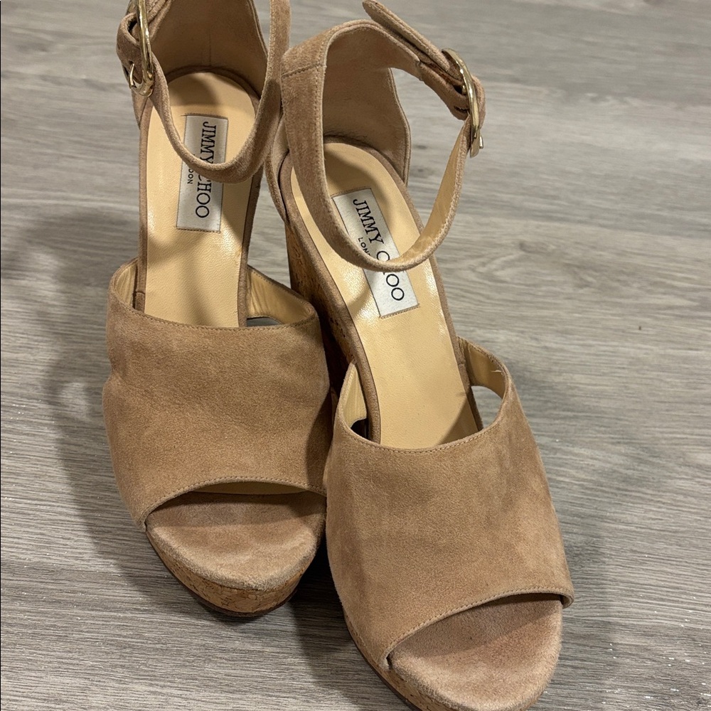 Jimmy Choo Cream Suede Cork Platform Ankle Strap Women's Shoes size 40 - Picture 7 of 14